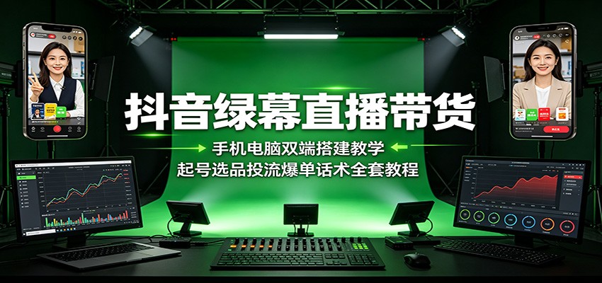 抖音绿幕直播带货:手机电脑双端搭建教学,起号选品投流爆单话术全套教程