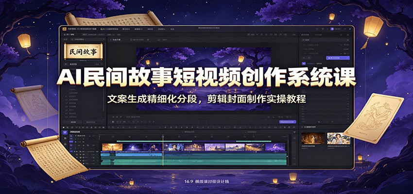 AI民间故事短视频创作系统课:文案生成精细化分段,剪辑封面制作实操教程