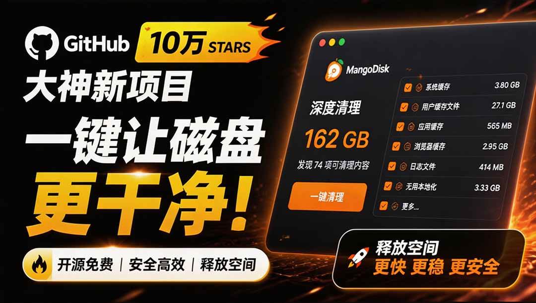 在Gtihub上做出10万 stars 的大神,又发布新项目了!一键让磁盘更干净,开源免费清理工具 MangoDisk