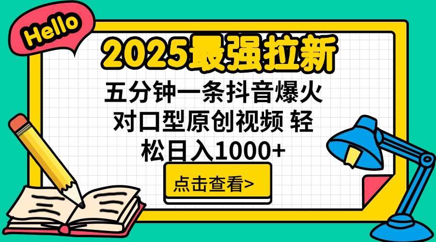 2025最强拉新，单用户下载5块佣金，5分钟一条抖音爆火原创对口型视频，&#8230;
