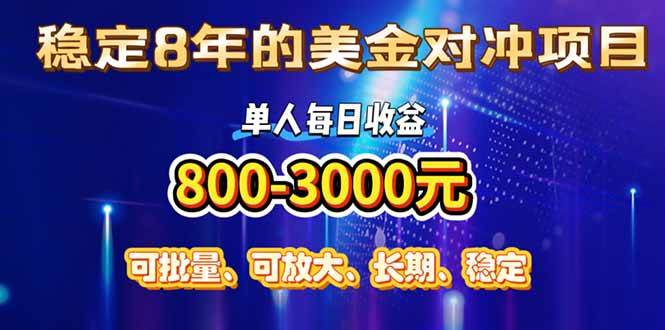 稳定8年的美金对冲创业项目，单人每日收益800-3000，小众暴力项目