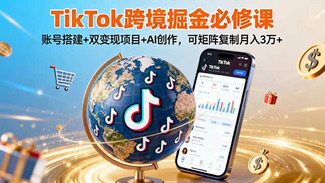TikTo跨境掘金必修课，账号搭建+双变现项目+AI创作，可矩阵复制月入3万+