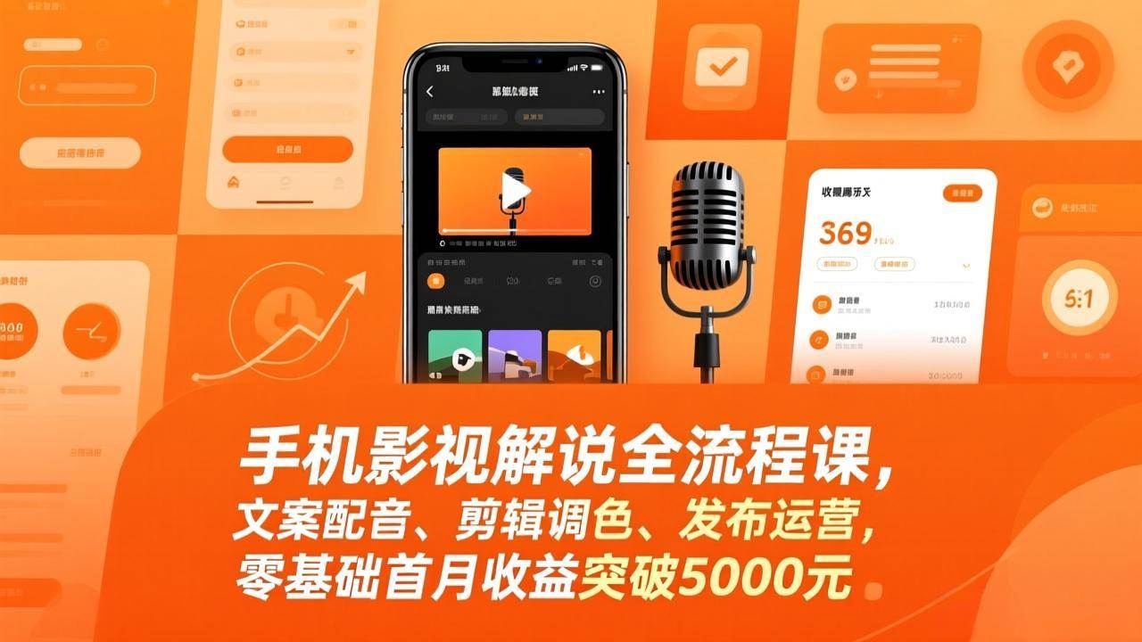 手机影视解说全流程课，文案配音、剪辑调色、发布运营，零基础首月收益突破5000元
