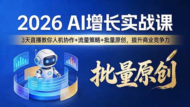 2026 AI 增长实战课：3 天直播教你人机协作 + 流量策略 + 批量原创，提升商业竞争力