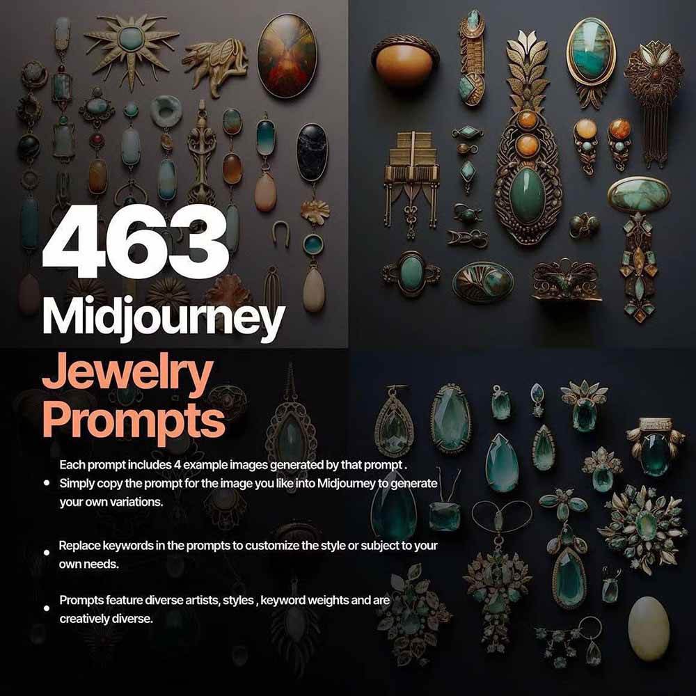 463个Midjourney珠宝摄影提示词：覆盖全品类珠宝，AI设计秒出专业效果