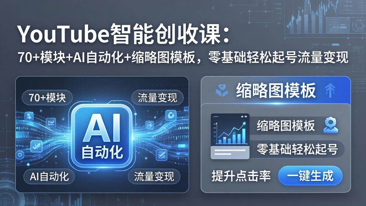 YouTube智能创收课：70+模块+AI自动化+缩略图模板，零基础轻松起号流量变现