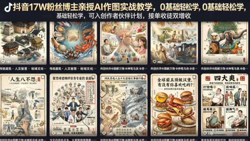 抖音17W粉丝博主亲授AI作图实战教学,0基础轻松学,可入创作者伙伴计划,接单收徒双增收