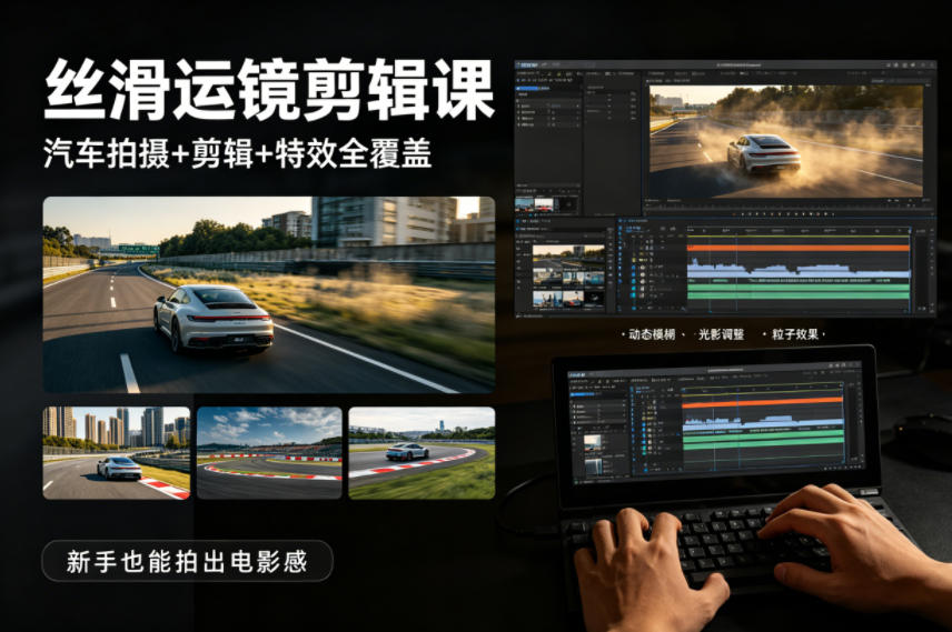 大叔丝滑运镜剪辑课，汽车拍摄+剪辑+特效全覆盖，新手也能拍出电影感