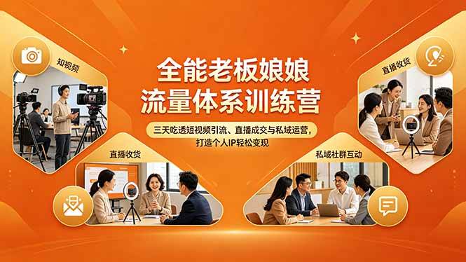 全能老板娘流量体系训练营，三天吃透短视频引流、直播成交与私域运营，打造个人IP轻松变现