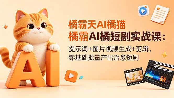 橘霸天AI橘猫短剧实战课：提示词+图片视频生成+剪辑，零基础批量产出治愈短剧