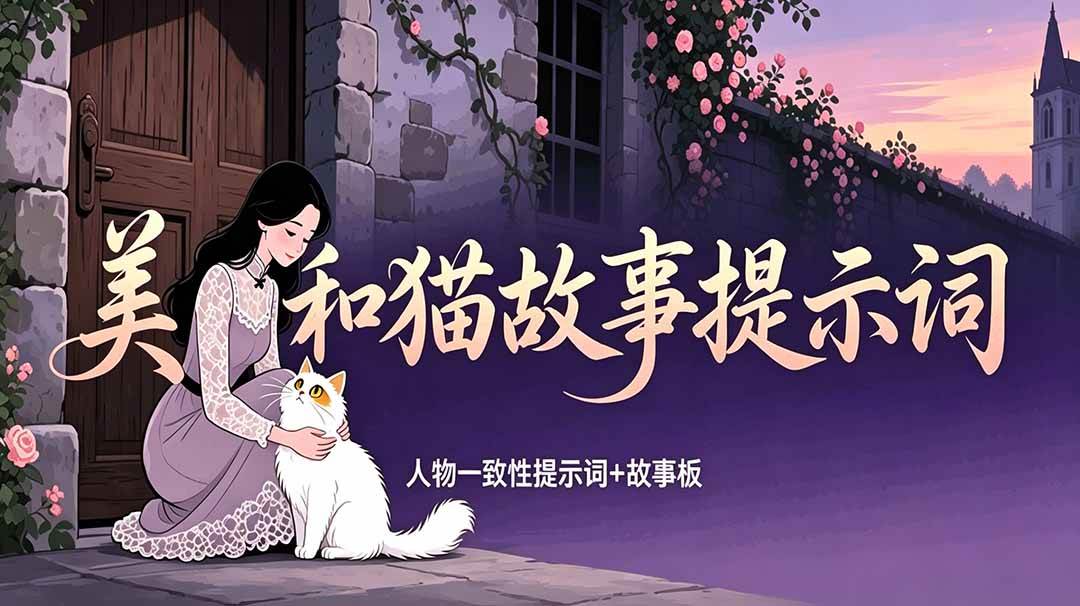 美女和猫故事提示词，人物一致性提示词+故事板