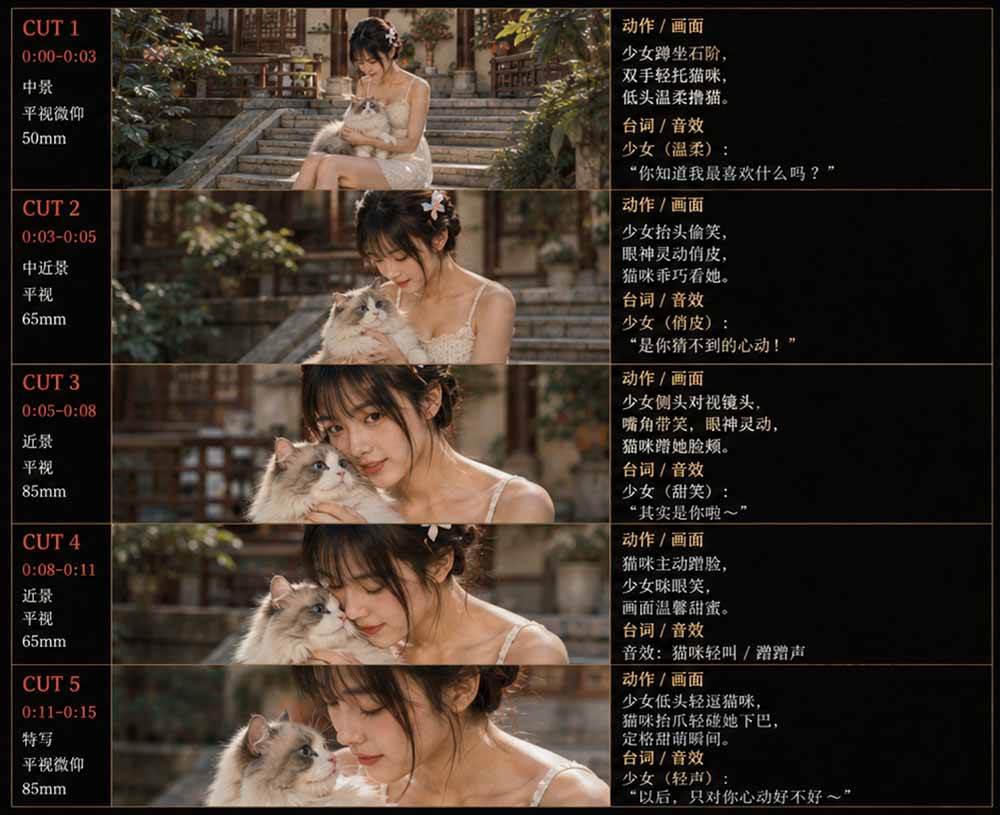 美女和猫故事提示词，人物一致性提示词+故事板