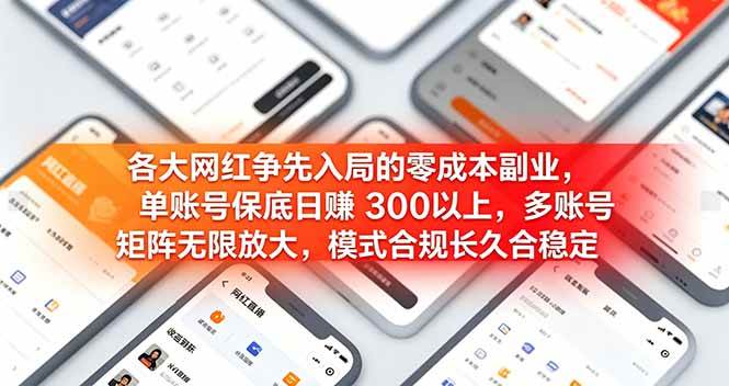 各大网红争先入局的零成本副业，单账号日赚 300 以上，多号矩阵可放大，模式合规长久稳定！
