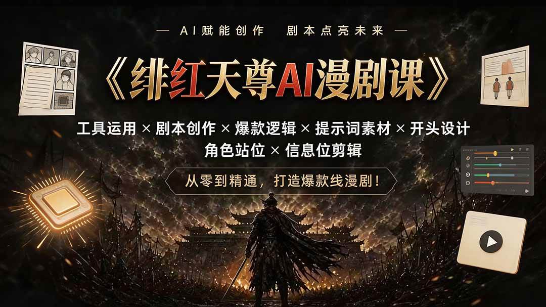 绯红天尊AI漫剧课｜工具运用×剧本创作×爆款逻辑×提示词素材×开头设计×角色站位×信息位剪辑