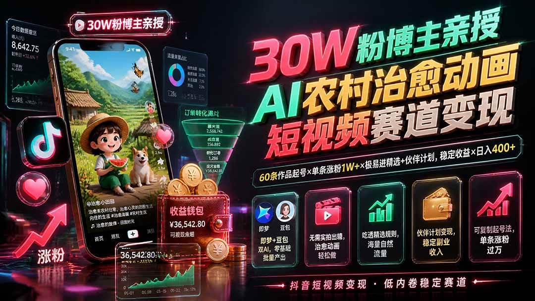 30W粉博主亲授AI农村治愈动画短视频赛道变现：60条作品起号×单条涨粉1W+×极易进精选+伙伴计划，稳定收益×日入400+