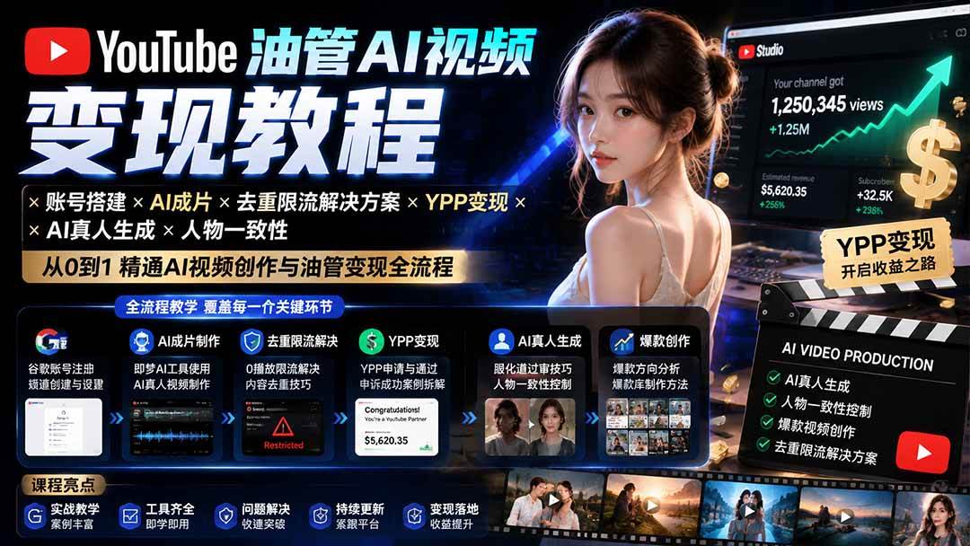 YouTube油管AI视频变现教程：账号搭建×AI成片×去重限流解决方案×YPP变现×AI真人生成×人物一致性