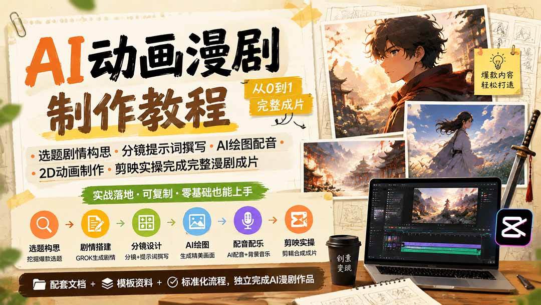AI动画漫剧制作教程｜选题剧情构思·分镜提示词撰写·AI绘图配音·2D动画制作·剪映实操完成完整漫剧成片