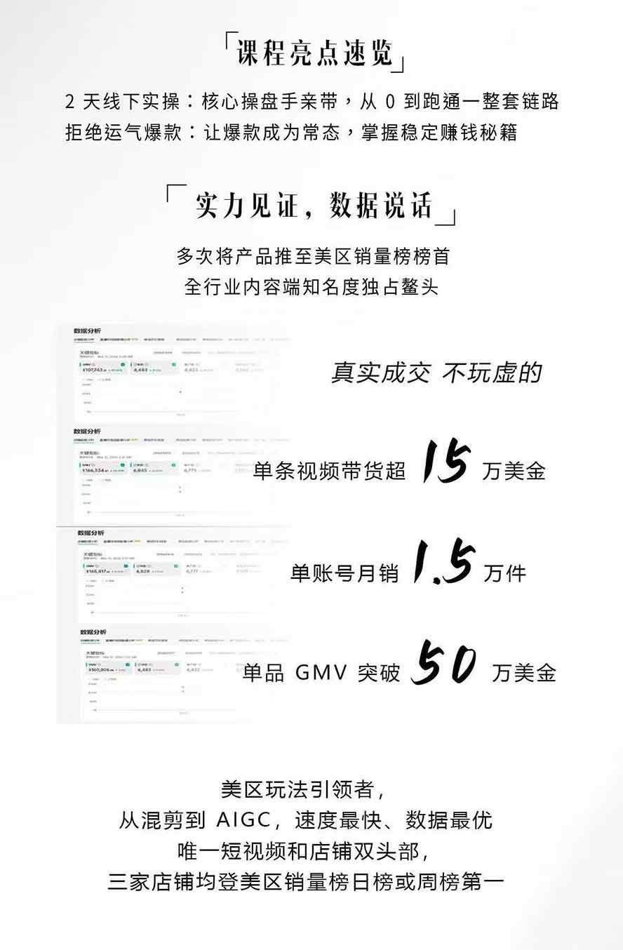 AIGC×TikTok美区短视频带货线下课；两天一夜完整回放，12小时高清视频收录头部操盘手全流程教学
