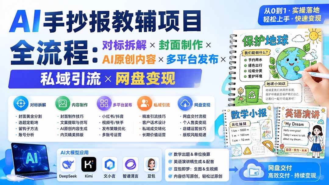 AI手抄报教辅项目全流程：对标拆解×封面制作×AI原创内容×多平台发布×私域引流×网盘变现