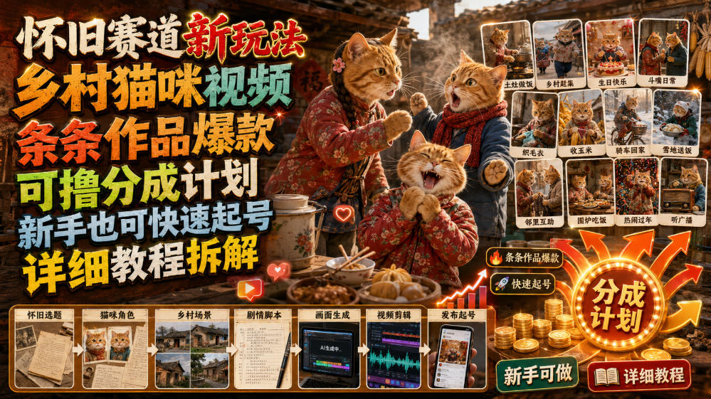 怀旧赛道新玩法，乡村猫咪视频，条条作品爆款，可撸分成计划，新手也可快速起号，详细教程拆解