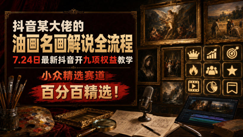 抖音某大佬的油画名画解说全流程，7.24日最新抖音开九项权益教学，小众精选赛道，百分百精选！