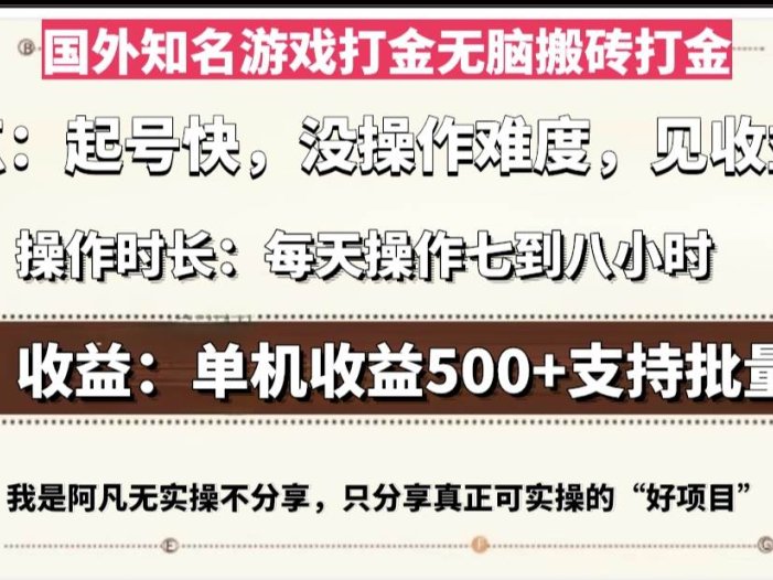 国外知名游戏打金无脑搬砖单机收益500，每天操作七到八个小时