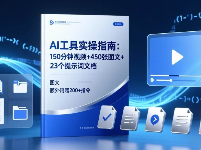 AI工具实操指南：150分钟视频+450张图文+23个提示词文档，额外附赠200+指令