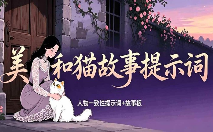 美女和猫故事提示词，人物一致性提示词+故事板