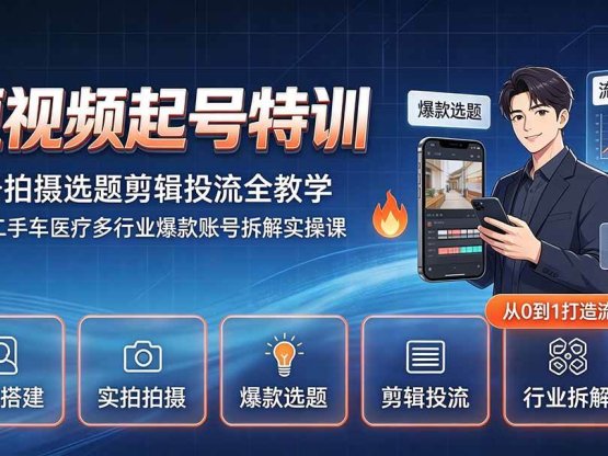短视频起号特训｜账号拍摄选题剪辑投流全教学，餐饮二手车医疗多行业爆款账号拆解实操课