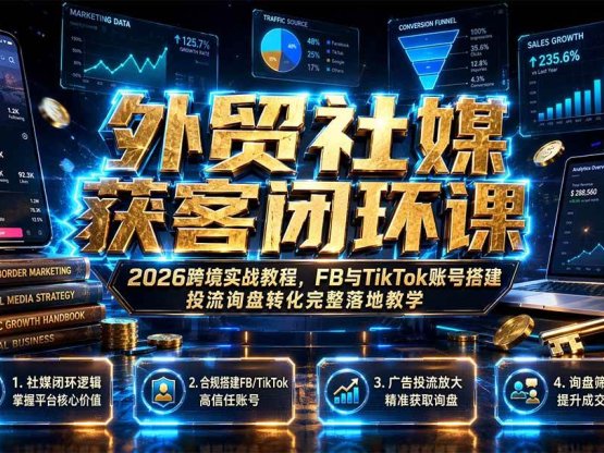 外贸社媒获客闭环课｜2026跨境实战教程，FB与TikTok账号搭建投流询盘转化完整落地教学