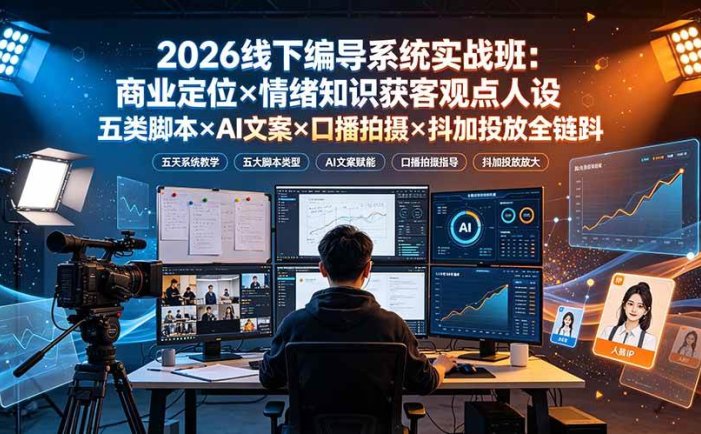 2026线下编导系统实战班：商业定位×情绪知识获客观点人设五类脚本×AI文案×口播拍摄×抖加投放全链路