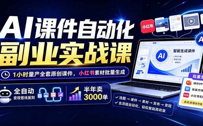 AI课件自动化副业实战课：1小时量产全套原创课件×小红书素材批量生成×全自动变现管线×半年卖3000单