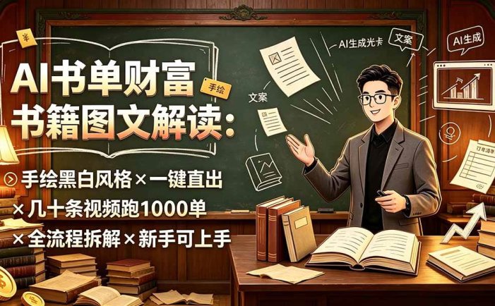AI书单财富书籍图文解读：手绘黑白风格×一键直出×几十条视频跑1000单×全流程拆解×新手可上手