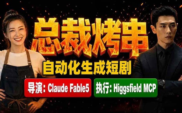 《总裁烤串》真人短剧全自动诞生！Claude Fable5 当导演，Higgsfield MCP 执行！