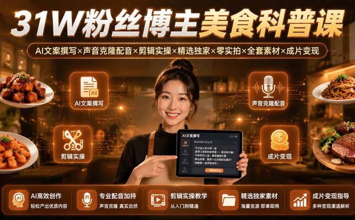 31W粉丝博主美食科普课：AI文案撰写×声音克隆配音×剪辑实操×精选独家×零实拍×全套素材×成片变现