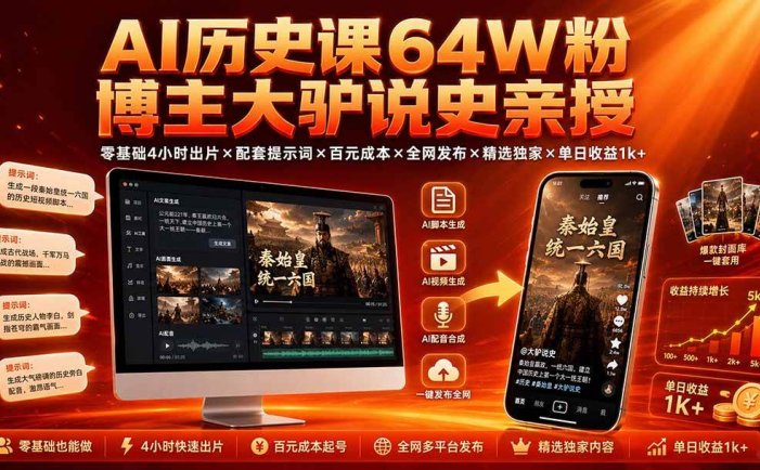 AI历史课64W粉博主大驴说史亲授：零基础4小时出片×配套提示词×百元成本×全网发布×精选独家×单日收益1k+