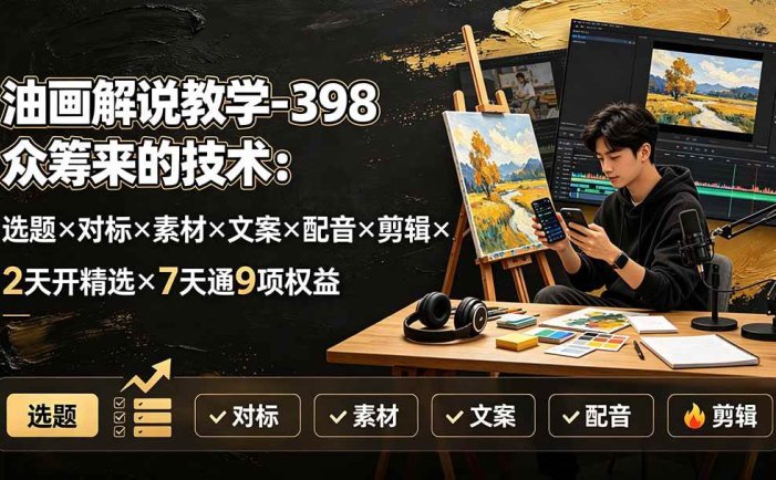 油画解说教学-398众筹来的技术-刯新：选题×对标×素材×文案×配音×剪辑×2天开精选×7天通9项权益