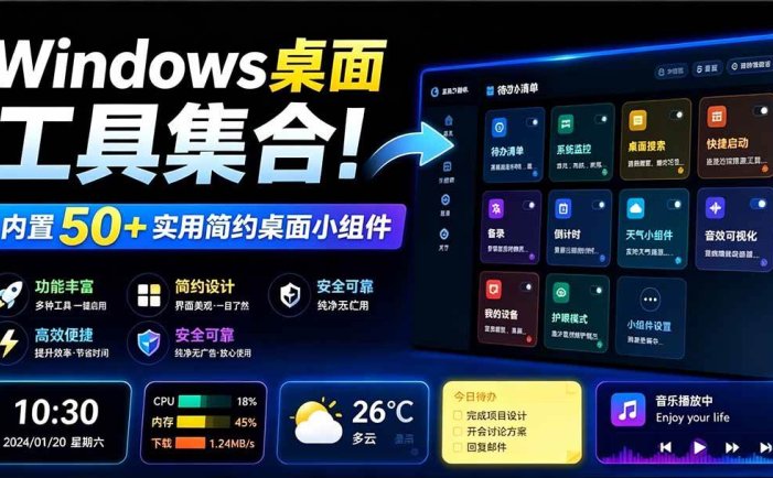 Windows桌面工具集合！内置50+实用简约桌面小组件，含截图、录屏、翻译、天气等，多秘工具箱