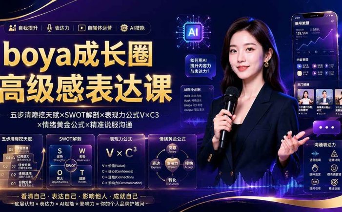 boya成长圈｜内心成长高级表达AI自媒体三合一，消解内耗挖掘天赋，镜头沟通AI指令短视频全流程教学
