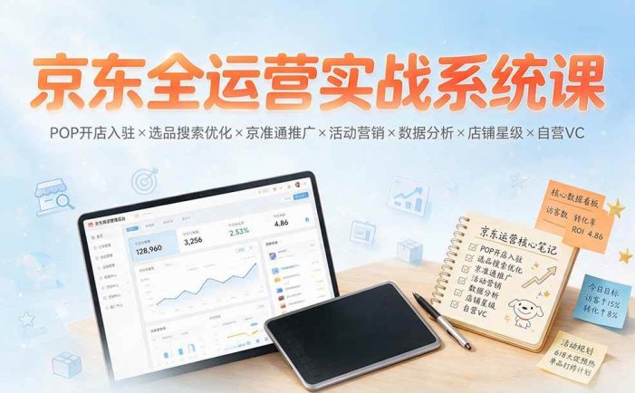 京东全运营实战系统课：POP开店入驻×选品搜索优化×京准通推广×活动营销×数据分析×店铺星级×自营VC