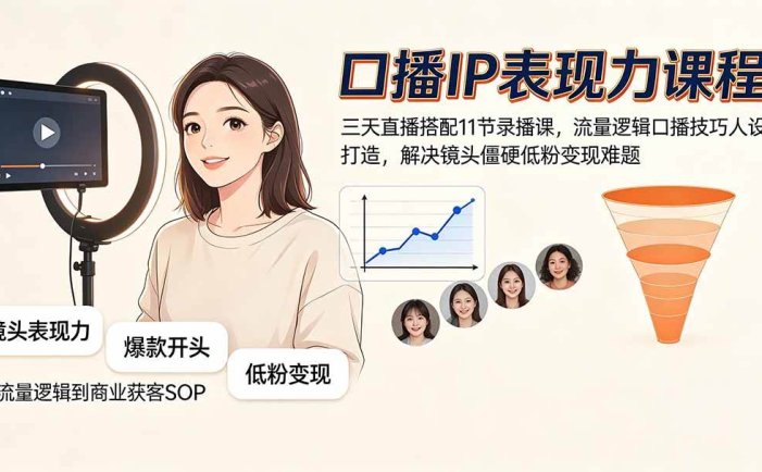 口播IP表现力课程｜三天直播搭配11节录播课，流量逻辑口播技巧人设打造，解决镜头僵硬低粉变现难题