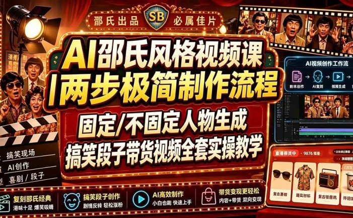 AI邵氏风格视频课｜两步极简制作流程，固定/不固定人物生成，搞笑段子带货视频全套实操教学