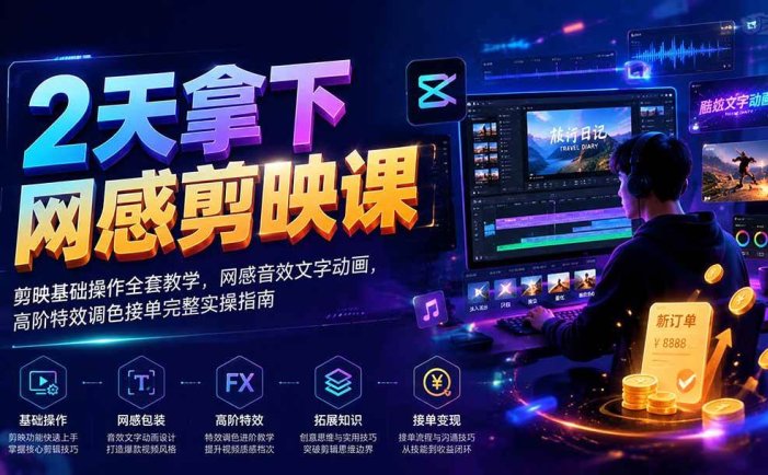 2天拿下网感剪辑课｜剪映基础操作全套教学，网感音效文字动画，高阶特效调色接单完整实操指南