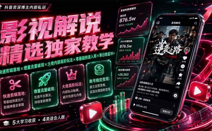 影视解说精选独家教学：快速剪辑落地×增量流量破局×大佬内部高阶玩法×零基础快速入局×单日收益1K+