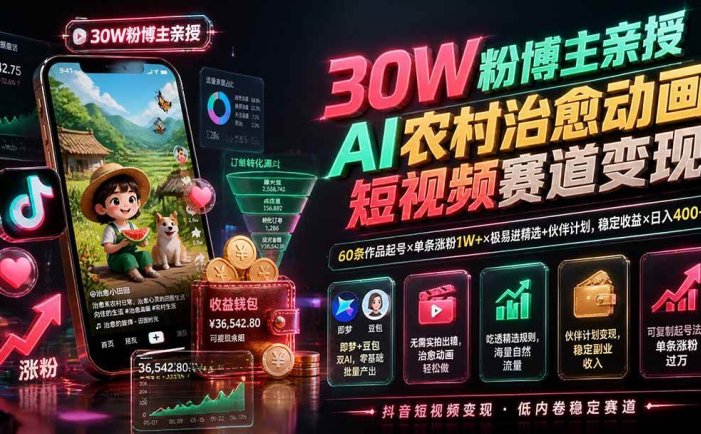 30W粉博主亲授AI农村治愈动画短视频赛道变现：60条作品起号×单条涨粉1W+×极易进精选+伙伴计划，稳定收益×日入400+